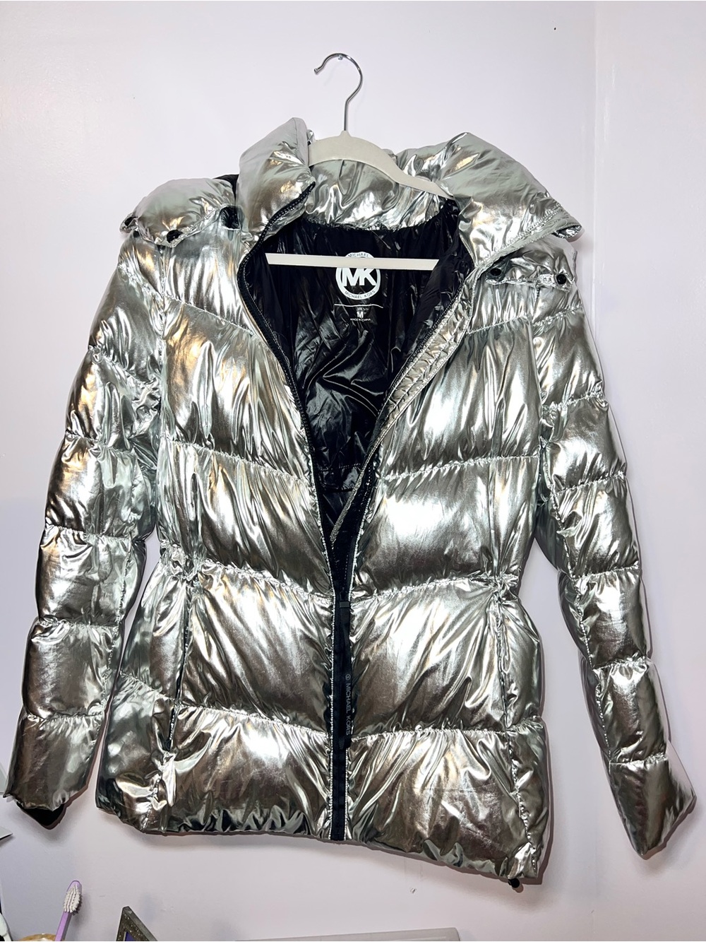 Michael Kors Metallic Silver Quilted Puffer Jacket with Hood